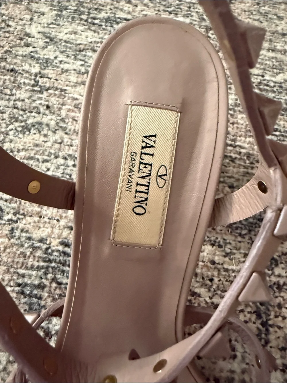 Valentino Garavani Taupe Rockstud Strappy Block Heel Sandals